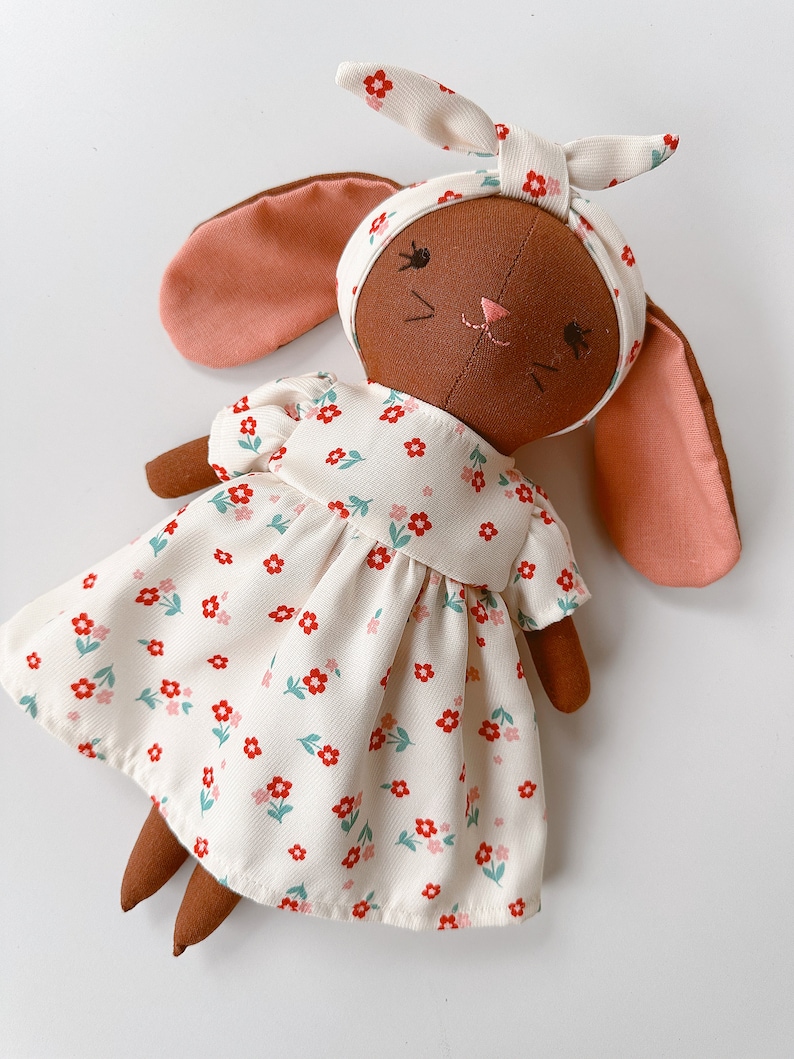 BROWN BUNNY DOLL, Handmade Fabric Doll, Sleeping Bunny Linen Doll With Flower Dress, Stuffed Heirloom Doll, Bunny Doll 33cm 13 inches image 4