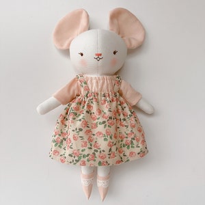 Mouse Doll, Fabric Rat Doll With Rose Dress, Soft Doll Nature Linen, Handmade Stuffed Animal Toy, Unique Art Doll, Cloth Doll image 2