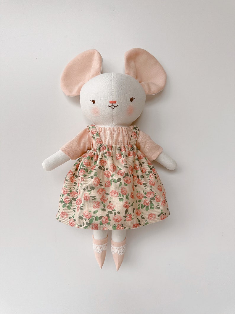 Mouse Doll, Fabric Rat Doll With Rose Dress, Soft Doll Nature Linen, Handmade Stuffed Animal Toy, Unique Art Doll, Cloth Doll image 2