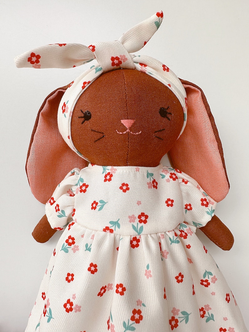 BROWN BUNNY DOLL, Handmade Fabric Doll, Sleeping Bunny Linen Doll With Flower Dress, Stuffed Heirloom Doll, Bunny Doll 33cm 13 inches image 3