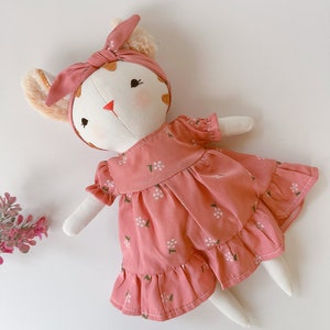 Kitty Doll With Pink Sundress, Soft Doll Linen Fabric, Stuffed Animal Toys And Clothes, Gift for Christmas, Christening, Birthday, Nursery image 2