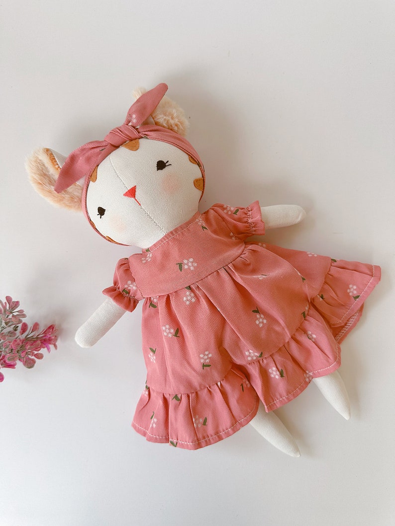 Kitty Doll With Pink Sundress, Soft Doll Linen Fabric, Stuffed Animal Toys And Clothes, Gift for Christmas, Christening, Birthday, Nursery image 2