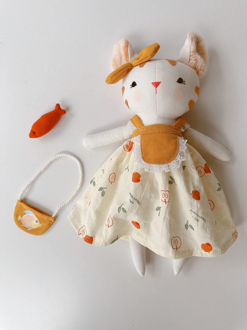 Handcrafted Cat Doll, Soft Doll Nature Linen Fabric, Handmade Stuffed Animal Toy, Unique Art Doll, Doll Clothes For Girls, Gift For Kids image 7