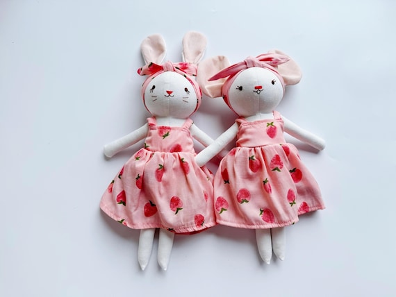 Bunny Dolll With Pink Strawberry Dress,  Heirloom Handmade Doll, Textile Doll, Doll Princess Dress, 33 cm (13 inches)