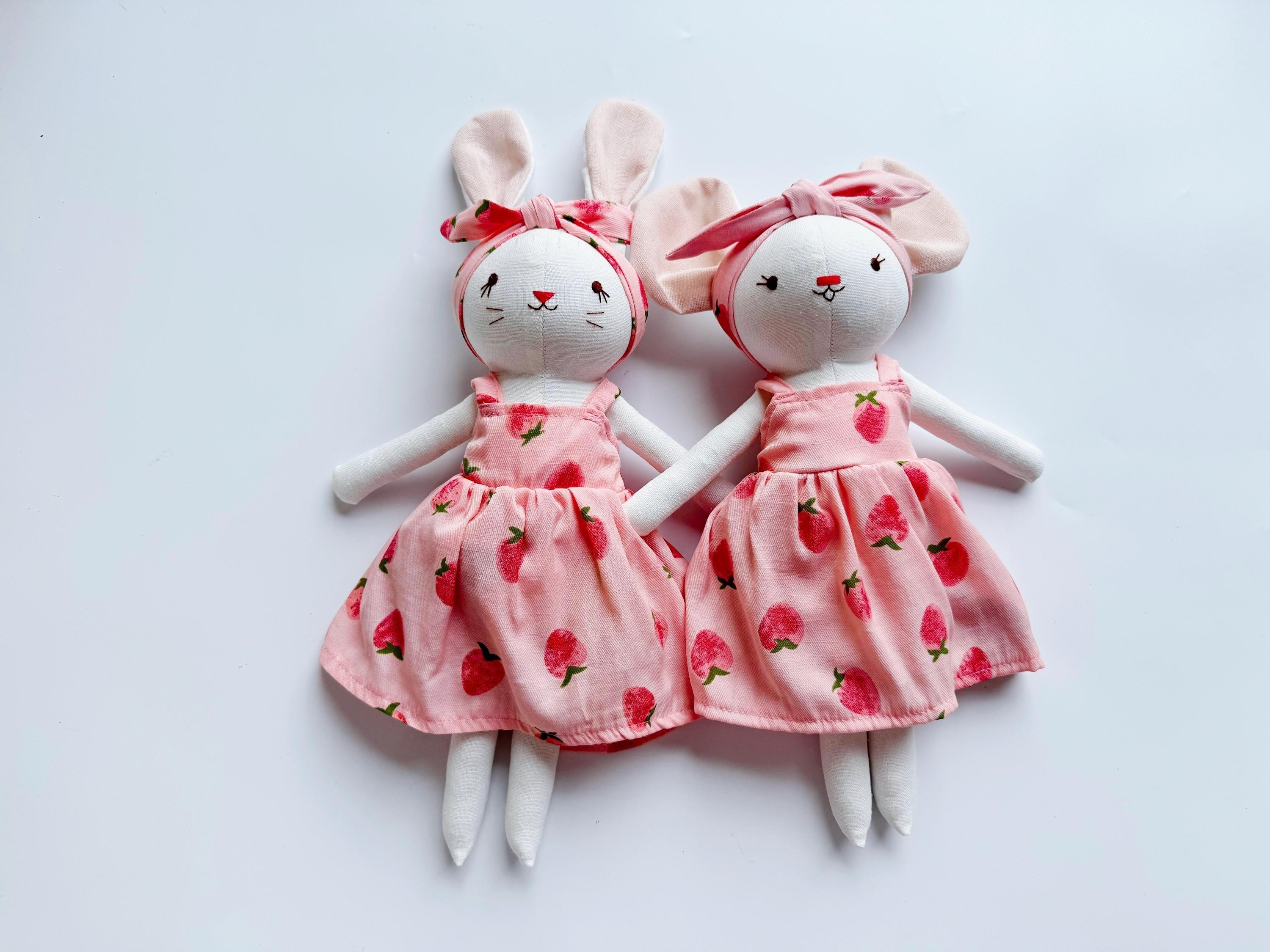 Bunny Dolll With Pink Strawberry Dress, Heirloom Handmade Doll, Textile Doll, Doll Princess Dress, 33 cm (13 inches)