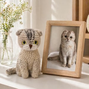 Könnte beinhalten: Eine beige und graue gehäkelte Katzenfigur mit großen gelben Augen und einer braunen Nase, platziert neben einem hellen Holzbilderrahmen, der ein Foto einer grau-weißen Scottish Fold Katze auf einer weißen Oberfläche enthält.