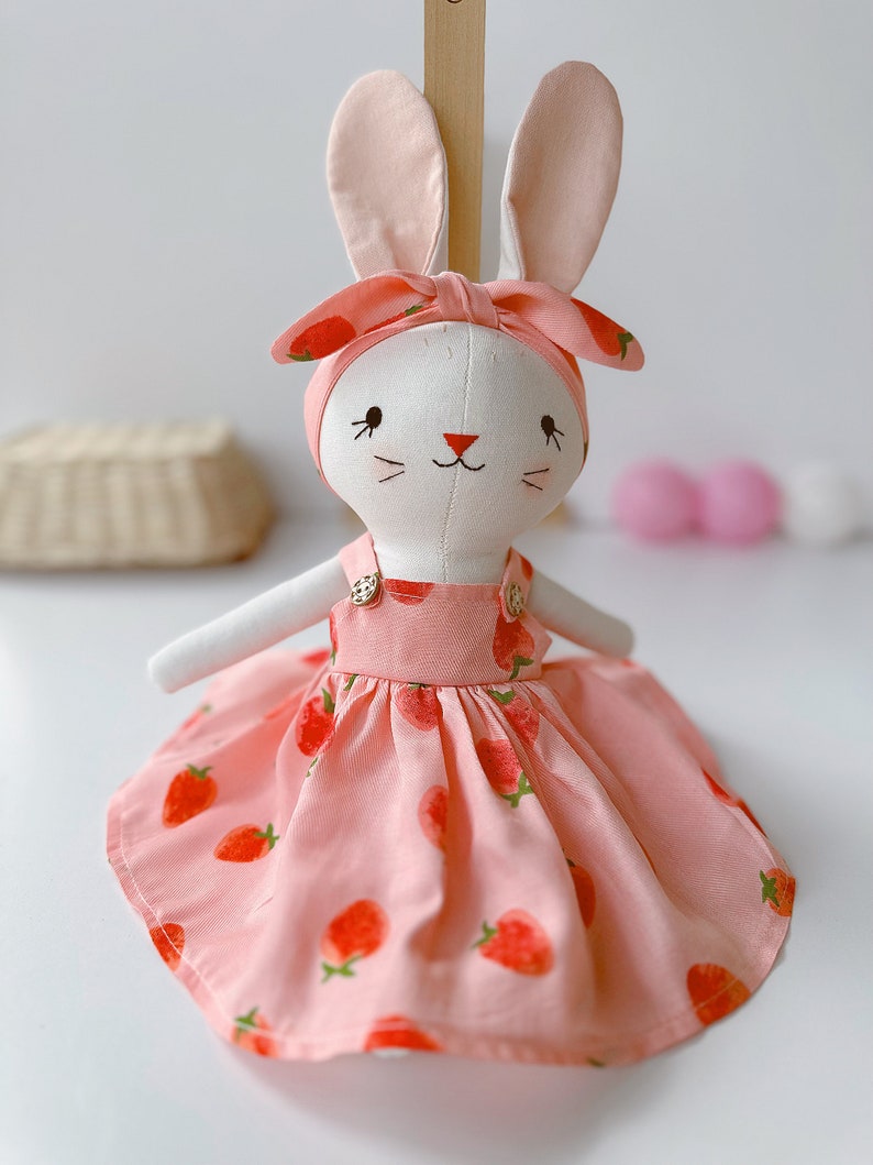 Bunny Dolll With Pink Strawberry Dress, Heirloom Handmade Doll, Textile Doll, Doll Princess Dress, 33 cm 13 inches image 3
