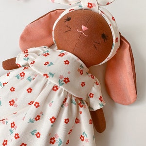 BROWN BUNNY DOLL, Handmade Fabric Doll, Sleeping Bunny Linen Doll With Flower Dress, Stuffed Heirloom Doll, Bunny Doll 33cm 13 inches image 5