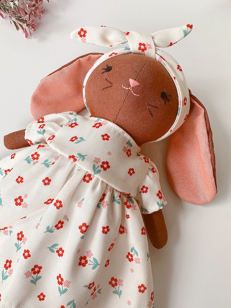 BROWN BUNNY DOLL, Handmade Fabric Doll, Sleeping Bunny Linen Doll With Flower Dress, Stuffed Heirloom Doll, Bunny Doll 33cm 13 inches image 5