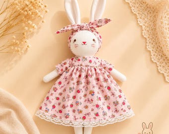 Bunny Doll  With Strawberry Dress, Handmade Bunny Doll, Clothes Doll, Fabric Doll, Rag Doll, Doll For Girls,