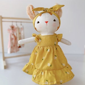 Cute Cat Doll, Kitty Doll With Yellow Sundress, Soft Doll Nature Linen Fabric, Handmade Stuffed Toy, Unique Art Doll, Doll Clothes For Girls image 7