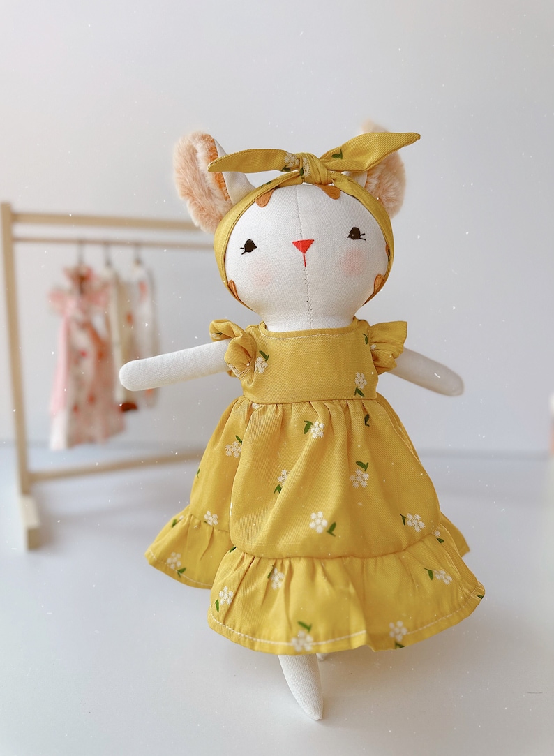 Cute Cat Doll, Kitty Doll With Yellow Sundress, Soft Doll Nature Linen Fabric, Handmade Stuffed Toy, Unique Art Doll, Doll Clothes For Girls image 7