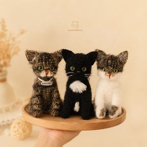 Könnte beinhalten: Drei gehäkelte Katzenfiguren auf einem Holztablett. Die linke Katze ist braun getigert mit einem weißen Halsbandanhänger mit der Aufschrift ANCHOVY. Die mittlere Katze ist schwarz mit einem weißen Brustfleck. Die rechte Katze ist weiß.