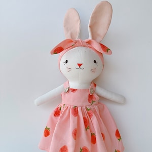 Bunny Dolll With Pink Strawberry Dress, Heirloom Handmade Doll, Textile Doll, Doll Princess Dress, 33 cm 13 inches image 2