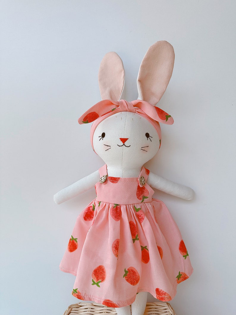 Bunny Dolll With Pink Strawberry Dress, Heirloom Handmade Doll, Textile Doll, Doll Princess Dress, 33 cm 13 inches image 2