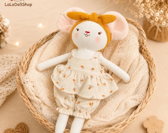 Handmade Mouse Doll Soft Fabric Animal Doll Rag Doll Baby Gift Woodland Nursery Decor Toddler Toy Plush Animal Soft Baby Toy Toddler Gift