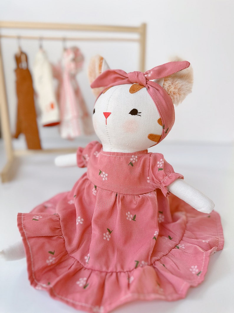 Kitty Doll With Pink Sundress, Soft Doll Linen Fabric, Stuffed Animal Toys And Clothes, Gift for Christmas, Christening, Birthday, Nursery image 8