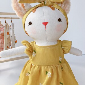 Cute Cat Doll, Kitty Doll With Yellow Sundress, Soft Doll Nature Linen Fabric, Handmade Stuffed Toy, Unique Art Doll, Doll Clothes For Girls image 6