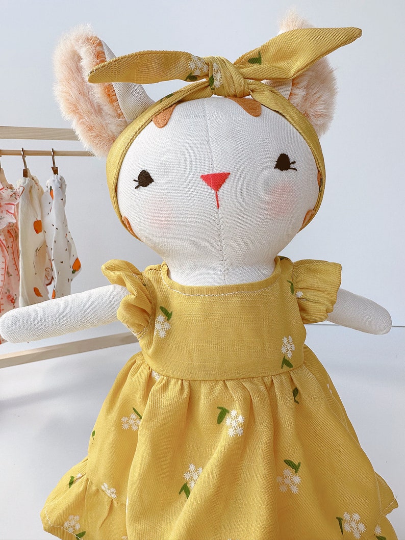 Cute Cat Doll, Kitty Doll With Yellow Sundress, Soft Doll Nature Linen Fabric, Handmade Stuffed Toy, Unique Art Doll, Doll Clothes For Girls image 6