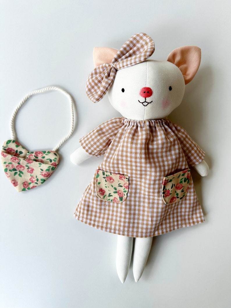 Handmade Linen Pig Doll With Dress, Soft Fabric Doll, Textile Doll, Personalized Birthday Gift For Kids, Heirloom Doll For Girls image 2