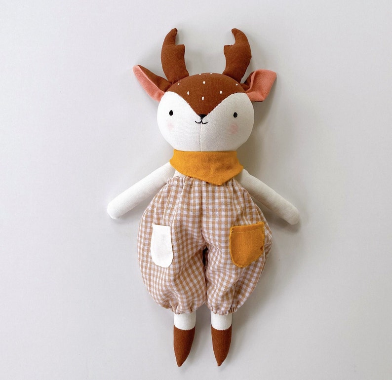 NEWEST Design Deer Doll Linen Heirloom, Stuffed Animal Doll Deer Doll With Overalls, Hand Embroidered Handmade Fabric Doll image 1