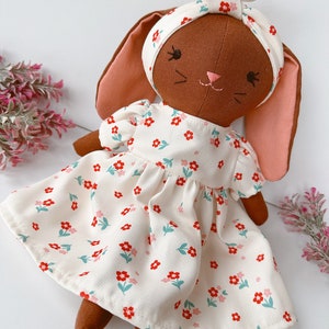 BROWN BUNNY DOLL, Handmade Fabric Doll, Sleeping Bunny Linen Doll With Flower Dress, Stuffed Heirloom Doll, Bunny Doll 33cm 13 inches image 9