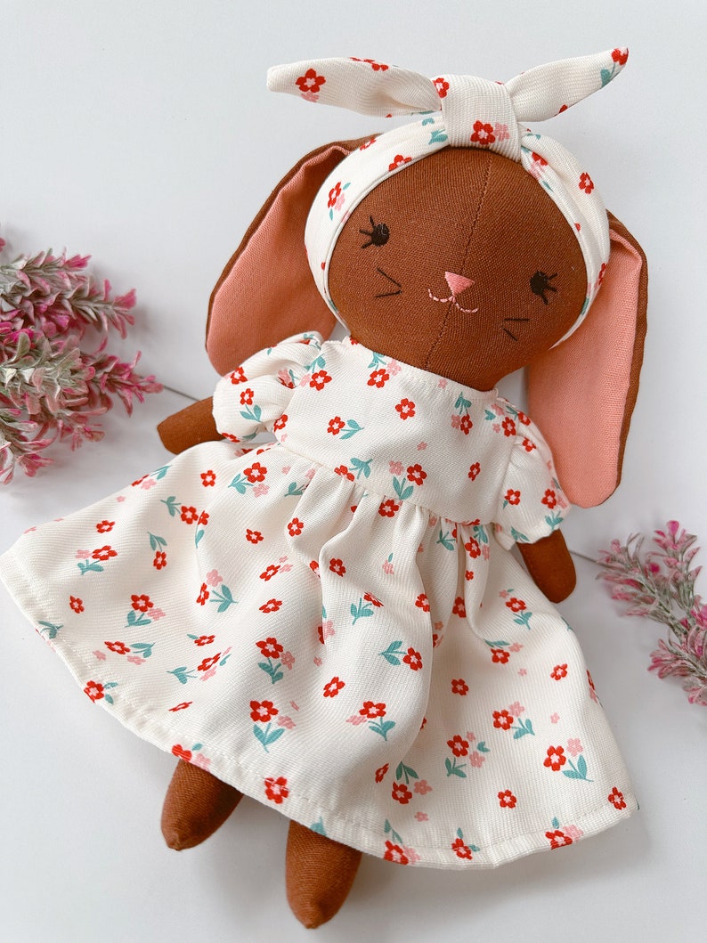 BROWN BUNNY DOLL, Handmade Fabric Doll, Sleeping Bunny Linen Doll With Flower Dress, Stuffed Heirloom Doll, Bunny Doll 33cm 13 inches image 9