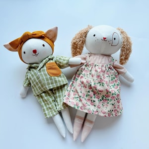 Combo DOG and PIG Doll, Linen Handmade Doll, Fabric Soft Doll, Doll For Kids, Clothes Doll, Doll Clothing