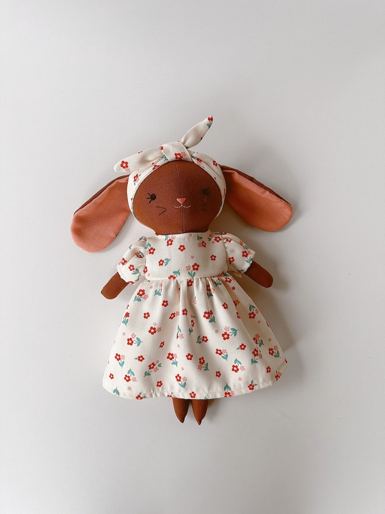 BROWN BUNNY DOLL, Handmade Fabric Doll, Sleeping Bunny Linen Doll With Flower Dress, Stuffed Heirloom Doll, Bunny Doll 33cm 13 inches image 1