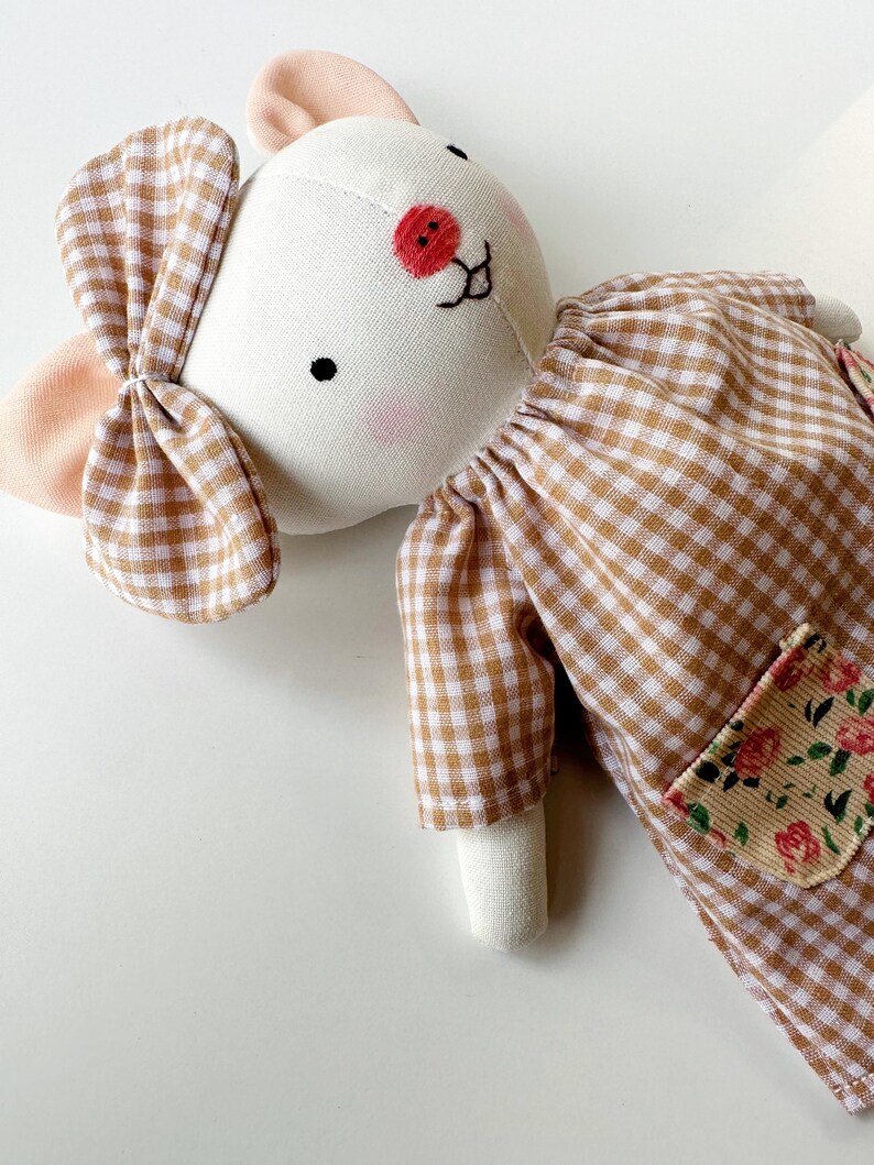 Handmade Linen Pig Doll With Dress, Soft Fabric Doll, Textile Doll, Personalized Birthday Gift For Kids, Heirloom Doll For Girls image 6