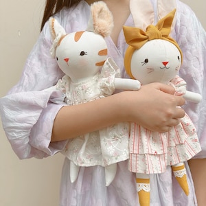 Princess Kitty Doll With Flowers Dress, Handmade Cat Doll, Soft Doll Nature Linen Fabric, Stuffed Toy, Unique Art Doll, Doll Clothes