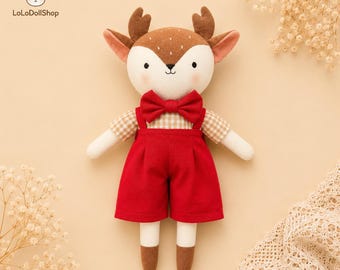Reindeer Doll Cloth Doll Soft Rag Doll with Removable Clothes Personalized Doll Heirloom Baby Toy Birthday Gift Animal Linen Doll