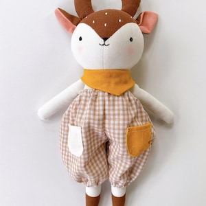 NEWEST Design Deer Doll Linen Heirloom, Stuffed Animal Doll Deer Doll With Overalls, Hand Embroidered Handmade Fabric Doll image 3