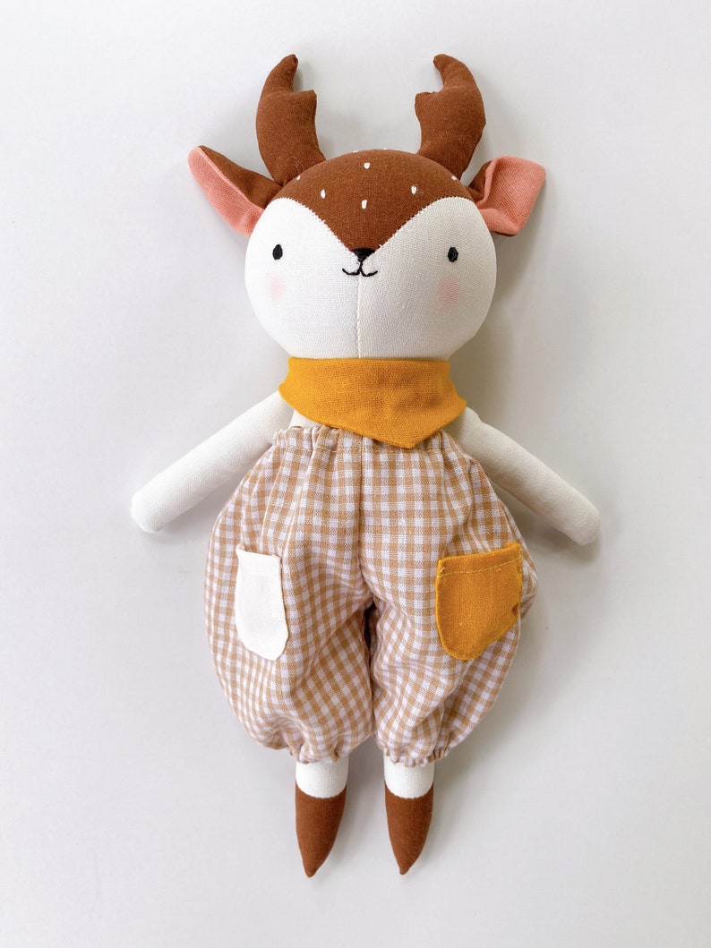 NEWEST Design Deer Doll Linen Heirloom, Stuffed Animal Doll Deer Doll With Overalls, Hand Embroidered Handmade Fabric Doll image 3