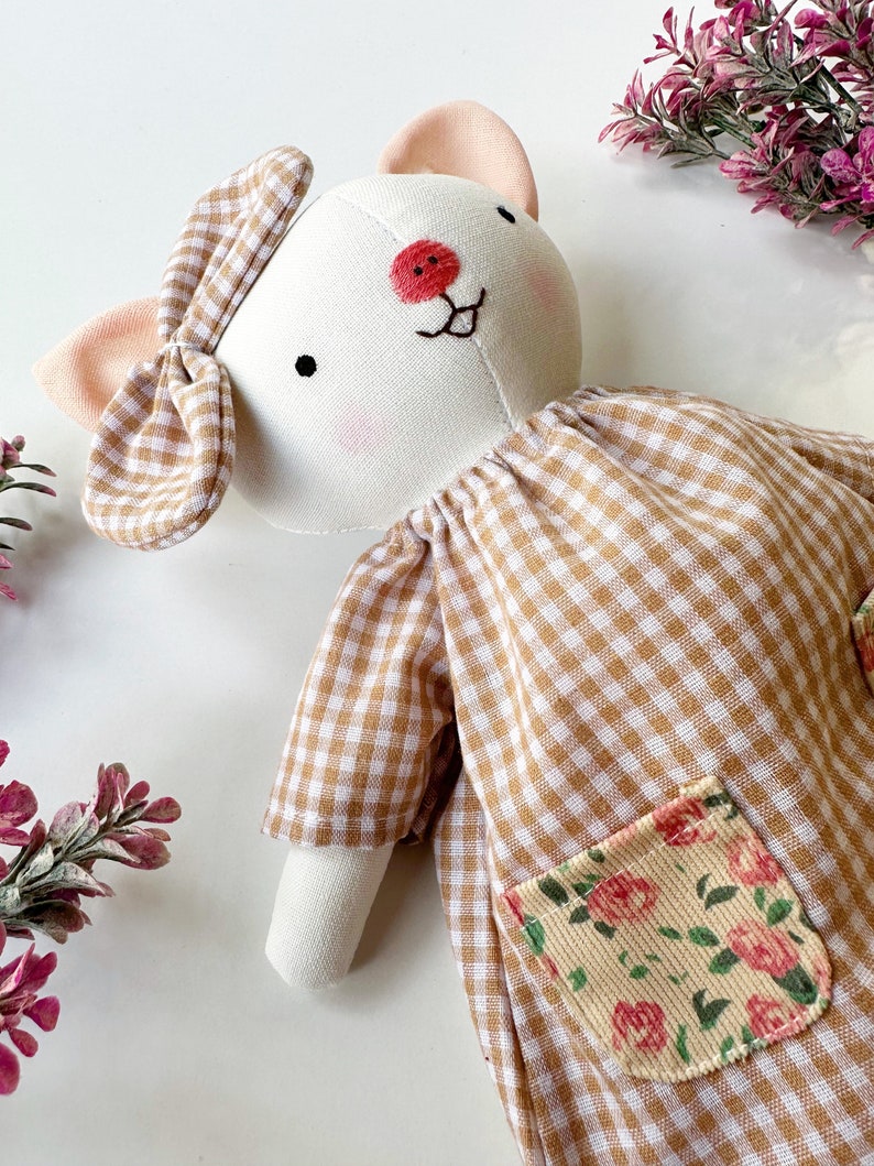 Handmade Linen Pig Doll With Dress, Soft Fabric Doll, Textile Doll, Personalized Birthday Gift For Kids, Heirloom Doll For Girls image 5