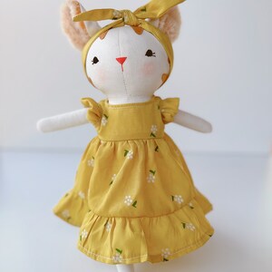 Cute Cat Doll, Kitty Doll With Yellow Sundress, Soft Doll Nature Linen Fabric, Handmade Stuffed Toy, Unique Art Doll, Doll Clothes For Girls image 2