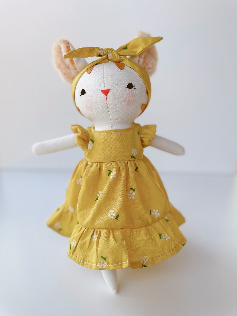 Cute Cat Doll, Kitty Doll With Yellow Sundress, Soft Doll Nature Linen Fabric, Handmade Stuffed Toy, Unique Art Doll, Doll Clothes For Girls image 2
