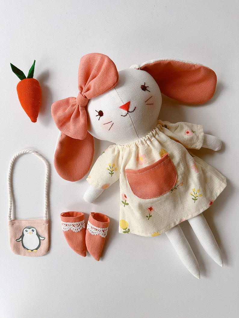 BIG SALE Handmade Fabric Doll, Sleeping Bunny Linen Doll With Carrot, Stuffed Heirloom Doll, Rag Doll, Gifts For Children, DRESS Bunny Doll image 3