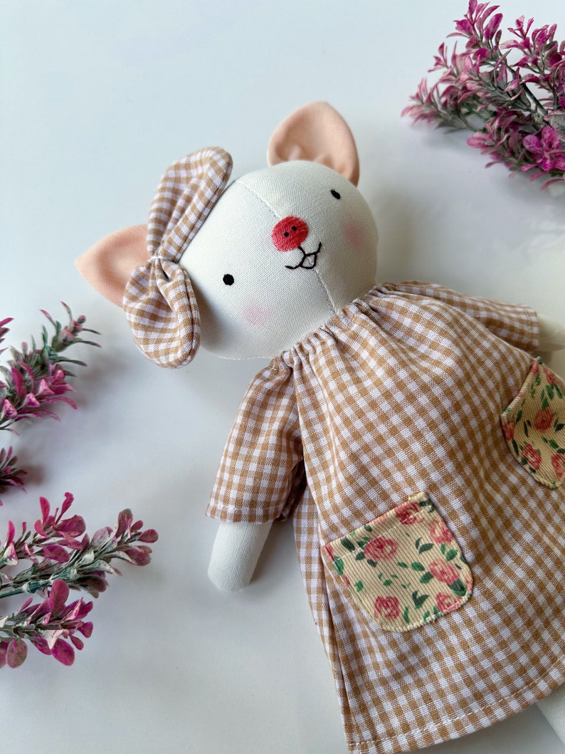 Handmade Linen Pig Doll With Dress, Soft Fabric Doll, Textile Doll, Personalized Birthday Gift For Kids, Heirloom Doll For Girls image 1