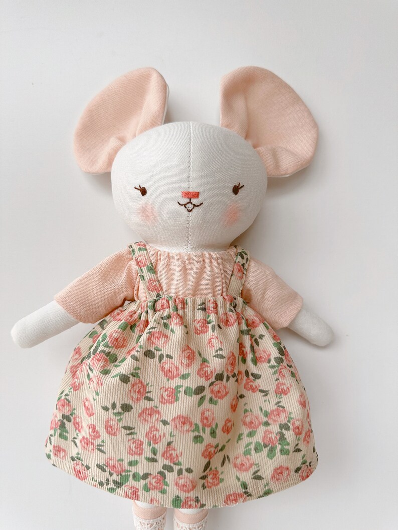 Mouse Doll, Fabric Rat Doll With Rose Dress, Soft Doll Nature Linen, Handmade Stuffed Animal Toy, Unique Art Doll, Cloth Doll image 4