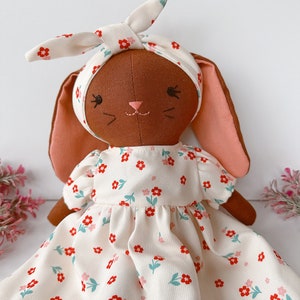 BROWN BUNNY DOLL, Handmade Fabric Doll, Sleeping Bunny Linen Doll With Flower Dress, Stuffed Heirloom Doll, Bunny Doll 33cm 13 inches image 10