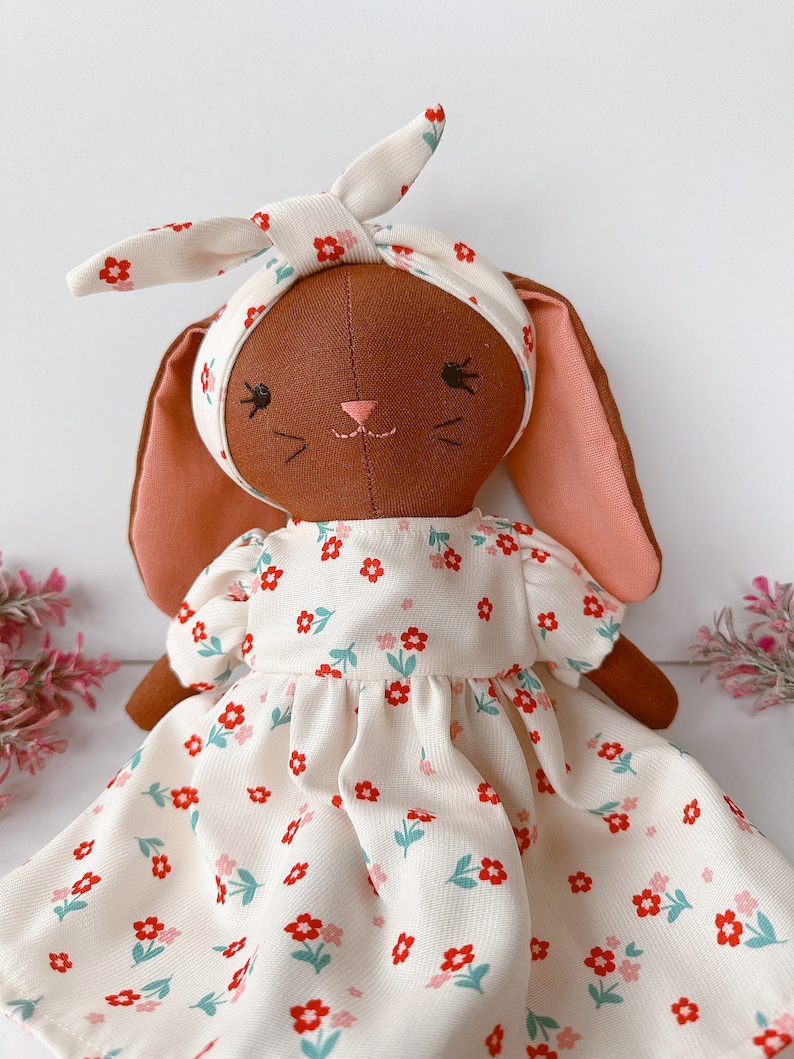 BROWN BUNNY DOLL, Handmade Fabric Doll, Sleeping Bunny Linen Doll With Flower Dress, Stuffed Heirloom Doll, Bunny Doll 33cm 13 inches image 10