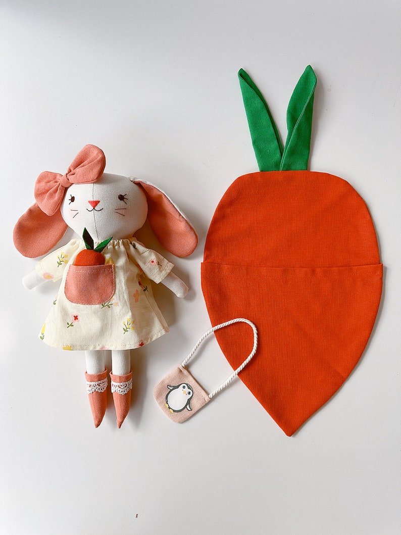 BIG SALE Handmade Fabric Doll, Sleeping Bunny Linen Doll With Carrot, Stuffed Heirloom Doll, Rag Doll, Gifts For Children, DRESS Bunny Doll image 10