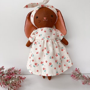 BROWN BUNNY DOLL, Handmade Fabric Doll, Sleeping Bunny Linen Doll With Flower Dress, Stuffed Heirloom Doll, Bunny Doll 33cm 13 inches image 2