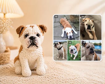 May include: A crocheted bulldog figurine with white and brown yarn, featuring dark eyes and a black nose. Beside it, a rectangular collage displays five distinct photographs of a real bulldog in various outdoor and indoor settings, each marked with an HD icon.