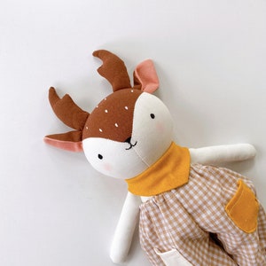NEWEST Design Deer Doll Linen Heirloom, Stuffed Animal Doll Deer Doll With Overalls, Hand Embroidered Handmade Fabric Doll image 5