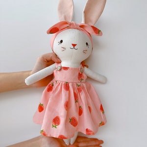 Bunny Dolll With Pink Strawberry Dress, Heirloom Handmade Doll, Textile Doll, Doll Princess Dress, 33 cm 13 inches image 5