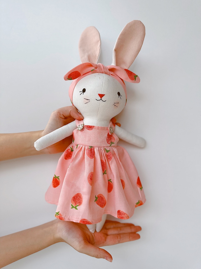 Bunny Dolll With Pink Strawberry Dress, Heirloom Handmade Doll, Textile Doll, Doll Princess Dress, 33 cm 13 inches image 5