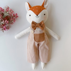 Fox Doll Animal Cloth Doll, Handmade Linen Doll, Stuffed Animal Toy For Woodland Nursery, Baby Shower, Fox Sewing Doll image 2