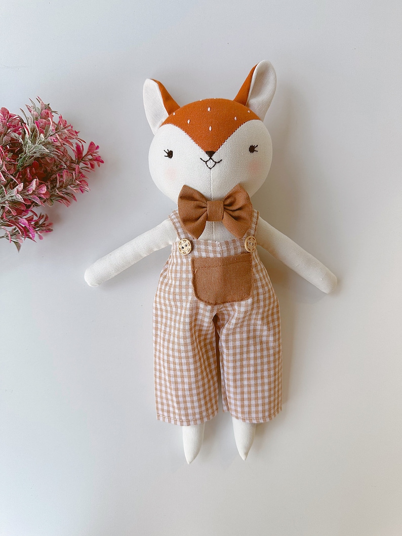 Fox Doll Animal Cloth Doll, Handmade Linen Doll, Stuffed Animal Toy For Woodland Nursery, Baby Shower, Fox Sewing Doll image 2